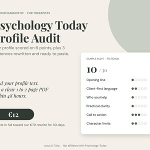 K&ouml;nnte beinhalten: Eine Grafik f&uuml;r einen Psychology Today Profil-Audit-Service f&uuml;r Therapeuten. Der Text lautet 48-hour diagnostic, Psychology Today Profile Audit, und enth&auml;lt eine Beispiel-Audit-Scorecard mit 10 von 30 Punkten in sechs Kategorien.