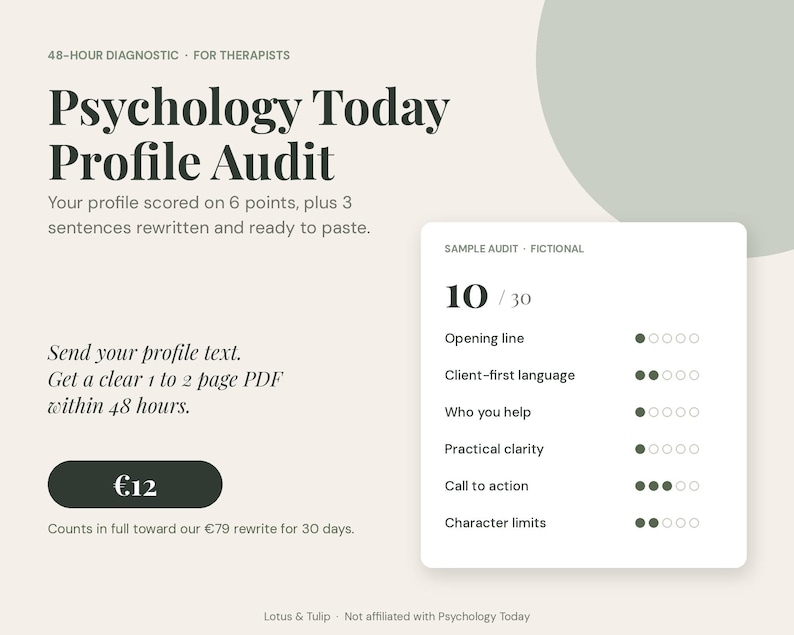 K&ouml;nnte beinhalten: Eine Grafik f&uuml;r einen Psychology Today Profil-Audit-Service f&uuml;r Therapeuten. Der Text lautet 48-hour diagnostic, Psychology Today Profile Audit, und enth&auml;lt eine Beispiel-Audit-Scorecard mit 10 von 30 Punkten in sechs Kategorien.