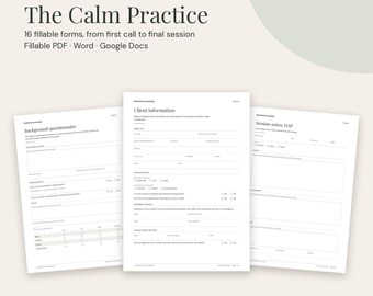 Könnte beinhalten: Ein Set aus 16 ausfüllbaren Klientenformularen für Therapeuten und Berater mit dem Titel The Calm Practice, einschließlich eines Hintergrundfragebogens, eines Klienteninformationsblatts und Sitzungsnotizen als PDF, Word und Google Docs.