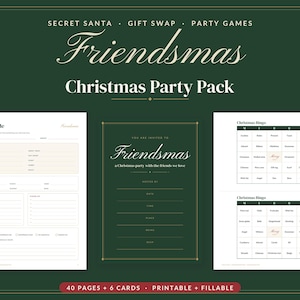 May include: A Friendsmas Christmas Party Pack featuring a dark green background with white text. Includes an All About Me sheet, a Friendsmas invitation card, and two Christmas Bingo game cards. The set contains 40 pages and 6 cards.