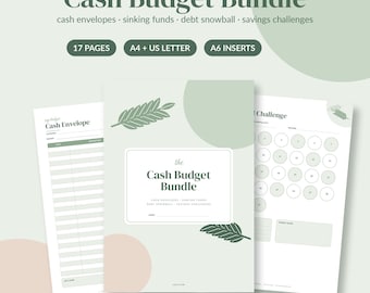 Könnte beinhalten: Ein Cash Budget Bundle Set zum Ausdrucken mit 17 Seiten in den Formaten A4, US Letter und A6. Es enthält Vorlagen für Bargeldumschläge, Rücklagen, Schuldenabbau und Spar-Challenges mit Illustrationen von salbeigrünen Blättern.