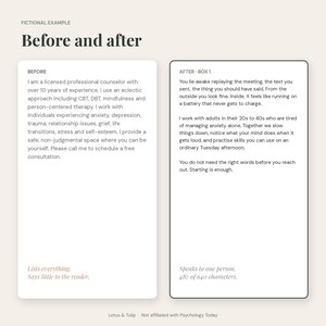 May include: A graphic comparing two text boxes titled Before and After. The Before box lists professional credentials and therapy approaches. The After box describes personal experiences with anxiety and offers a supportive, direct message to potential clients.