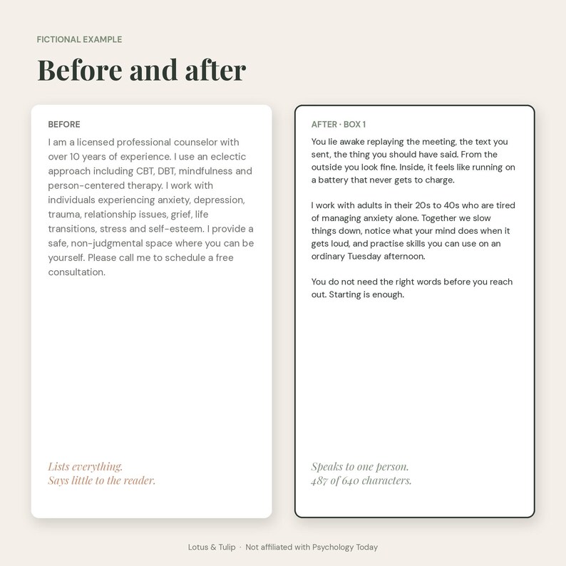 May include: A graphic comparing two text boxes titled Before and After. The Before box lists professional credentials and therapy approaches. The After box describes personal experiences with anxiety and offers a supportive, direct message to potential clients.