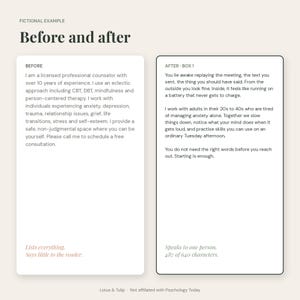 May include: A graphic design layout titled Before and after, featuring two vertical white rectangular boxes. The left box contains text labeled Before, and the right box contains text labeled After - Box 1, with italicized notes at the bottom of each.