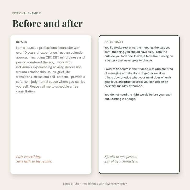 May include: A graphic design layout titled Before and after, featuring two vertical white rectangular boxes. The left box contains text labeled Before, and the right box contains text labeled After - Box 1, with italicized notes at the bottom of each.