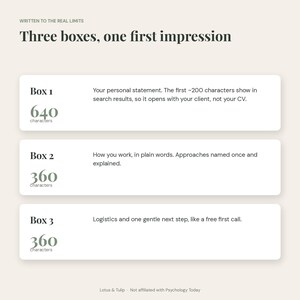 May include: An infographic titled Three boxes, one first impression with the subtitle Written to the real limits. It displays three white rectangular boxes labeled Box 1, Box 2, and Box 3, each with character counts and descriptive text.