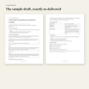 May include: A two-page document titled Profile draft for Maya Ellison, LPC, featuring structured text boxes for a personal statement, therapy approach, and contact details, alongside a sidebar with specialty suggestions and a quality checklist.