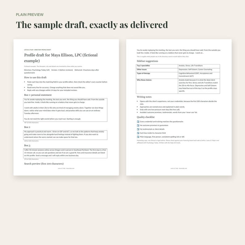 May include: A two-page document titled Profile draft for Maya Ellison, LPC, featuring structured text boxes for a personal statement, therapy approach, and contact details, alongside a sidebar with specialty suggestions and a quality checklist.