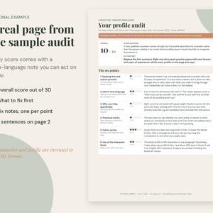 K&ouml;nnte beinhalten: Ein Dokument mit dem Titel Your profile audit, das ein fiktives Beispiel f&uuml;r eine Therapeutenprofil-Bewertung zeigt. Die Seite enth&auml;lt eine Gesamtpunktzahl von 10 von 30, einen Abschnitt f&uuml;r Korrekturen und sechs nummerierte Punkte mit Bewertungen.