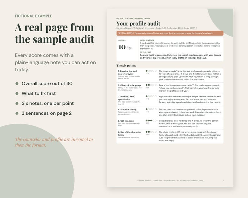 K&ouml;nnte beinhalten: Ein Dokument mit dem Titel Your profile audit, das ein fiktives Beispiel f&uuml;r eine Therapeutenprofil-Bewertung zeigt. Die Seite enth&auml;lt eine Gesamtpunktzahl von 10 von 30, einen Abschnitt f&uuml;r Korrekturen und sechs nummerierte Punkte mit Bewertungen.