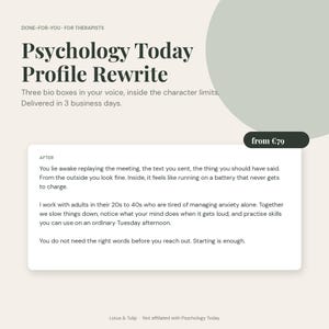 May include: A digital graphic advertisement for a Psychology Today Profile Rewrite service. The text includes the title, a description of three bio boxes, and a sample after-rewrite text block. The design features a cream background with a sage green circle.