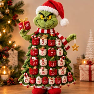 May include: A green crocheted character figure wearing a red and white Santa hat and scarf, designed as an advent calendar. The body is shaped like a Christmas tree with twenty-four numbered pockets, each containing small festive ornaments.