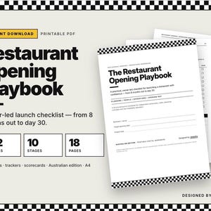 May include: A printable PDF titled Restaurant Opening Playbook, an owner-led launch checklist featuring 132 actions, 10 stages, and 18 pages. The document includes sections for planning, people, operations, and opening day, designed by JerpsCo.