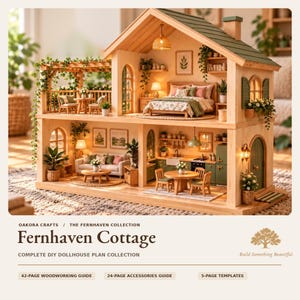 May include: A two-story wooden dollhouse kit titled Fernhaven Cottage from the Oakora Crafts collection. The miniature home features a green roof, a terrace with outdoor seating, a bedroom, a living room, and a kitchen with detailed furniture.