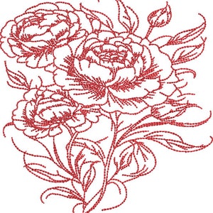May include: A line drawing of a bouquet of red peonies with leaves and stems. The flowers are stylized and have a vintage look.