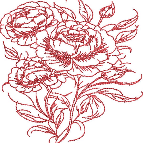 Flower Peony 1 Redwork Machine Embroidery Design Digital Download only red work