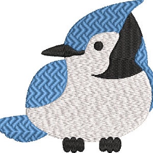 May include: A blue jay bird with a white body and black head and beak. The bird has a blue crest on its head and a blue tail.