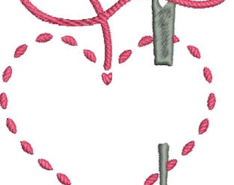 Heart with Needle Monogram Digitized Machine Embroidery Design sewing quilting