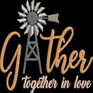 Puede incluir: Un diseño de bordado de estilo rústico con un molino de viento en colores gris y blanco y el texto "Gather together in love" en una fuente cursiva con tonos naranja y rosa.