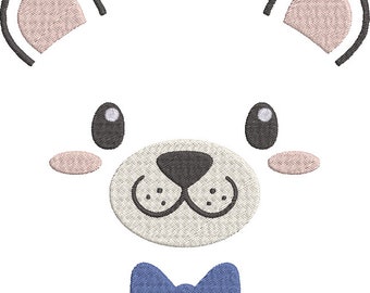 May include: Embroidered design of a bear's face with a white background. The bear has black eyes, a gray nose, and light pink cheeks and ears. A blue bow tie is at the bottom. The design is likely for a baby item or nursery decor.