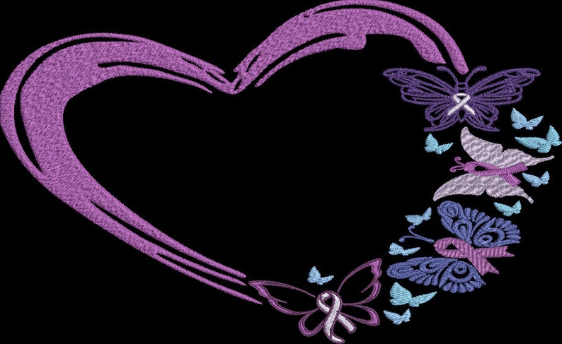 Heart with Butterflies and Ribbon Machine Embroidery Design Butterfly Awareness Ribbon