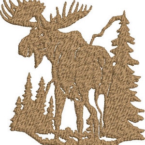 May include: A brown silhouette of a moose standing in a forest with pine trees. The moose has large antlers.