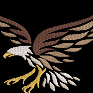 May include: A stylised brown and white eagle with yellow talons, flying with wings spread wide.