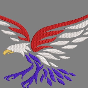 May include: A stylised image of an eagle with red, white and purple wings. The eagle is in flight with its wings spread wide.