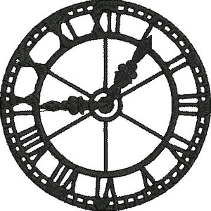 May include: Black and white clock face with Roman numerals and a detailed design. The clock hands are pointing to 10:10.