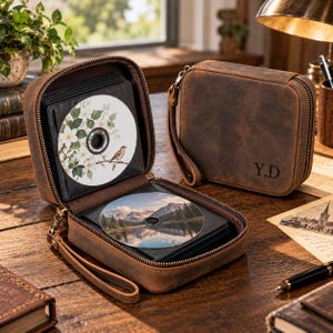 May include: A brown leather CD storage case with a zipper closure and a wrist strap. One case is open, revealing internal sleeves holding two discs, one with a bird and floral print and one with a mountain landscape. The other case is closed with Y.D embossed.