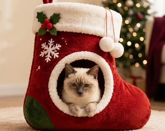 Christmas Stocking Cat Bed, Plush Cat Cave, Cozy Holiday Pet Nest, Red Christmas Cat House, Winter Gift for Cats