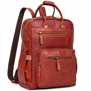 Può includere: Uno zaino in pelle color marrone rossiccio dotato di manico superiore, due spallacci regolabili e due scomparti frontali con cerniera. La borsa include tasche laterali e dettagli in metallo, offrendo un design strutturato.