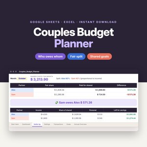 Può includere: Un pianificatore di budget digitale per coppie per Google Sheets ed Excel. L'interfaccia mostra una scheda Settle Up con tabelle finanziarie che indicano reddito, costi condivisi, quote e un saldo finale di 571,26 $ che Sam deve ad Alex.