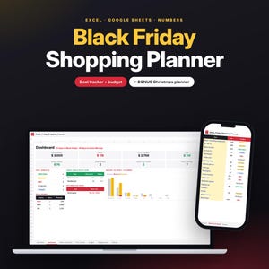 Può includere: Un pianificatore digitale per lo shopping del Black Friday per Excel, Google Sheets e Numbers. L'interfaccia mostra una dashboard con monitoraggio del budget, liste di offerte e grafici, su uno schermo di laptop e cellulare.