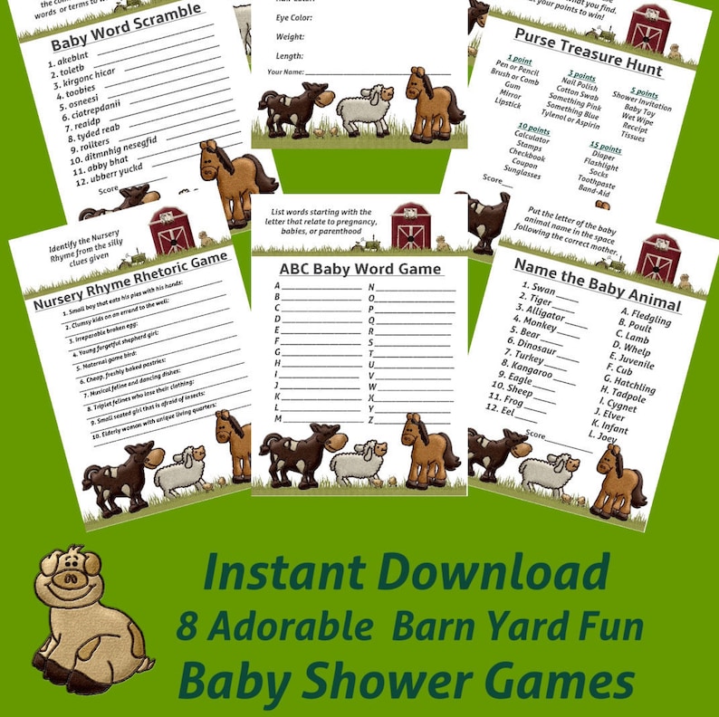 8 Farm Animal Baby Shower Games Pdf And Jpg Barn Yard Fun Etsy