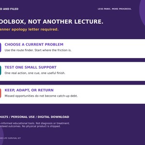 May include: A purple digital download graphic with white text reading: FOCUSED AND FILED, LESS PANIC. MORE PROGRESS., A TOOLBOX, NOT ANOTHER LECTURE., No planner apology letter required. Three numbered steps are listed in colored boxes.