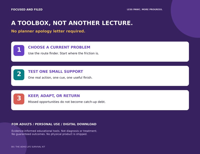 May include: A purple digital download graphic with white text reading: FOCUSED AND FILED, LESS PANIC. MORE PROGRESS., A TOOLBOX, NOT ANOTHER LECTURE., No planner apology letter required. Three numbered steps are listed in colored boxes.