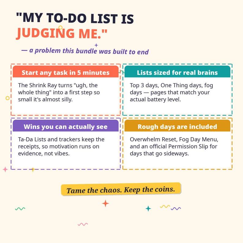 May include: A digital graphic with the text MY TO-DO LIST IS JUDGING ME. It features four colored boxes detailing task management strategies: Start any task in 5 minutes, Lists sized for real brains, Wins you can actually see, and Rough days are included.