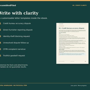 Peut inclure: Une page de livre num&eacute;rique vert fonc&eacute; intitul&eacute;e Write with clarity, pr&eacute;sentant six mod&egrave;les de lettres personnalisables pour les litiges de cr&eacute;dit. Le texte liste des options allant de la pr&eacute;cision du bureau de cr&eacute;dit aux demandes de bonne foi.