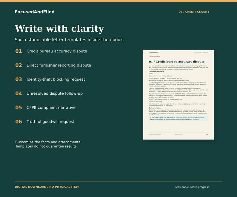 Peut inclure: Une page de livre num&eacute;rique vert fonc&eacute; intitul&eacute;e Write with clarity, pr&eacute;sentant six mod&egrave;les de lettres personnalisables pour les litiges de cr&eacute;dit. Le texte liste des options allant de la pr&eacute;cision du bureau de cr&eacute;dit aux demandes de bonne foi.