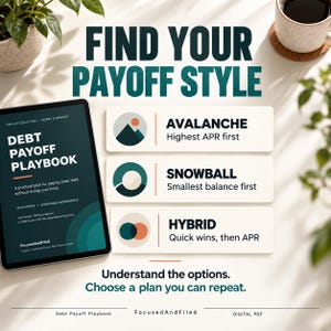 K&ouml;nnte beinhalten: Ein digitales Tablet zeigt das Debt Payoff Playbook mit dem Text Find Your Payoff Style. Es listet drei Methoden auf: Avalanche mit dem h&ouml;chsten effektiven Jahreszins zuerst, Snowball mit dem kleinsten Saldo zuerst und Hybrid mit schnellen Erfolgen, dann Zinsen. Der Text lautet Understand the options. Choose a plan you can repeat.