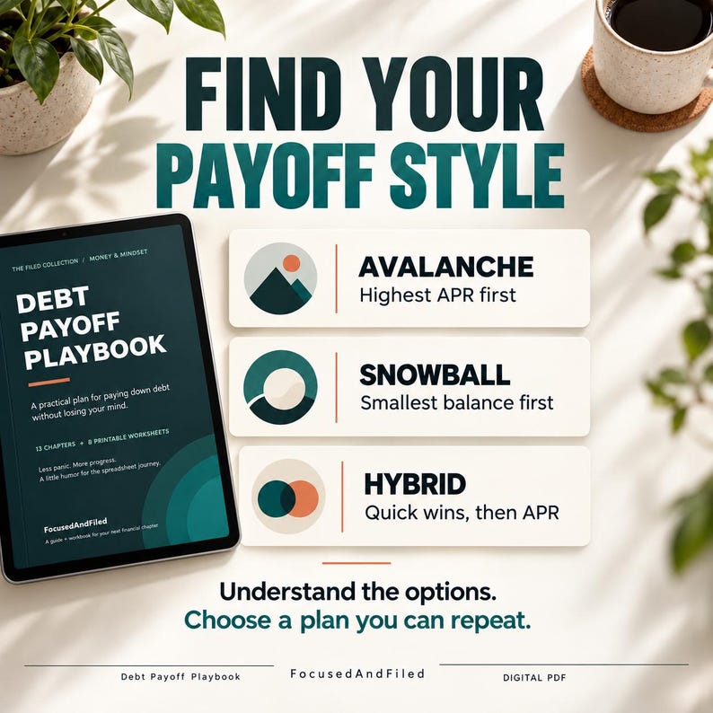 K&ouml;nnte beinhalten: Ein digitales Tablet zeigt das Debt Payoff Playbook mit dem Text Find Your Payoff Style. Es listet drei Methoden auf: Avalanche mit dem h&ouml;chsten effektiven Jahreszins zuerst, Snowball mit dem kleinsten Saldo zuerst und Hybrid mit schnellen Erfolgen, dann Zinsen. Der Text lautet Understand the options. Choose a plan you can repeat.