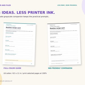 May include: Two printable routine recipe card documents on a light background. The left document is a full-color guide, and the right is an ink-friendly grayscale companion. Text includes 'BIG IDEAS. LESS PRINTER INK.' and 'US Letter / 8.5 x 11 in'.
