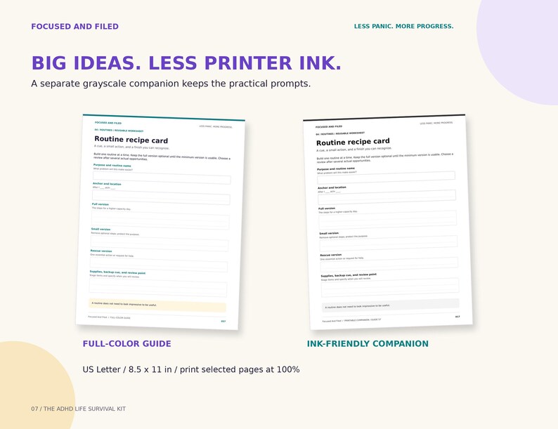 May include: Two printable routine recipe card documents on a light background. The left document is a full-color guide, and the right is an ink-friendly grayscale companion. Text includes 'BIG IDEAS. LESS PRINTER INK.' and 'US Letter / 8.5 x 11 in'.