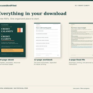 Peut inclure: Un ensemble de t&eacute;l&eacute;chargement num&eacute;rique intitul&eacute; FocusedAndFiled comprenant trois PDF : un ebook de 60 pages intitul&eacute; Credit Calamity to Credit Clarity, un cahier d'exercices de 12 pages et un document Read Me de 2 pages avec instructions.