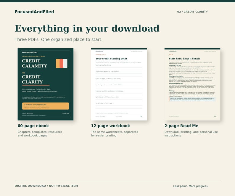 Peut inclure: Un ensemble de t&eacute;l&eacute;chargement num&eacute;rique intitul&eacute; FocusedAndFiled comprenant trois PDF : un ebook de 60 pages intitul&eacute; Credit Calamity to Credit Clarity, un cahier d'exercices de 12 pages et un document Read Me de 2 pages avec instructions.