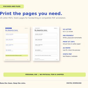 Puede incluir: Dos p&aacute;ginas de hojas de trabajo digitales tituladas My dopamine menu con secciones para appetizers, entrees, desserts y connection. El texto incluye Focused and Filed, Print the pages you need e Ink-friendly.