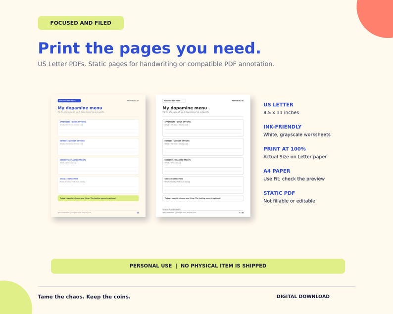 Puede incluir: Dos p&aacute;ginas de hojas de trabajo digitales tituladas My dopamine menu con secciones para appetizers, entrees, desserts y connection. El texto incluye Focused and Filed, Print the pages you need e Ink-friendly.