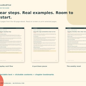 May include: A digital ebook titled FocusedAndFiled featuring three pages with the headings Maya's payday map, Give the urge somewhere else to live, and Twenty minutes, four clear moves. The text includes selectable content and bookmarks.