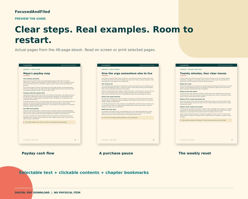 May include: A digital ebook titled FocusedAndFiled featuring three pages with the headings Maya's payday map, Give the urge somewhere else to live, and Twenty minutes, four clear moves. The text includes selectable content and bookmarks.